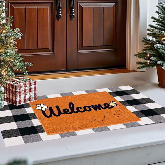 Fall Welcome Doormat with Buffalo Plaid Area Rugs Black White Checkered Rug for Front Outdoor Porch Kitchen Entryway Patio Bathroom