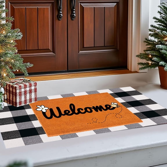 Fall Welcome Doormat with Buffalo Plaid Area Rugs Black White Checkered Rug for Front Outdoor Porch Kitchen Entryway Patio Bathroom