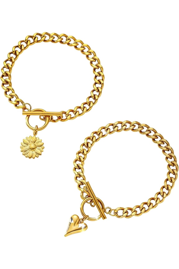 2 Pcs 18K Gold Plated Stainless Steel Floral Heart OT Buckle Bracelet for Women, Minimalist Hip Hop Flower Chain Bracelets for Casual Jewelry Gift