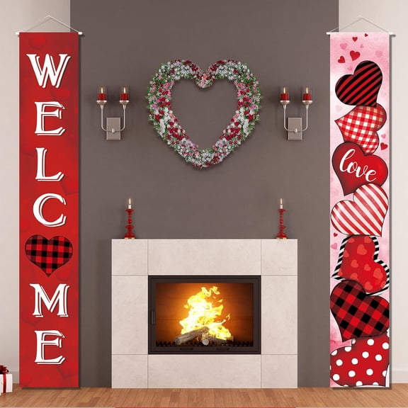 2 Pcs/1pair Valentine's Day Door Banner Decoration Valentine Hanging Front Porch Welcome Sign Red Buffalo Plaid Love Heart Banner Romantic for the Home Wall School Decor
