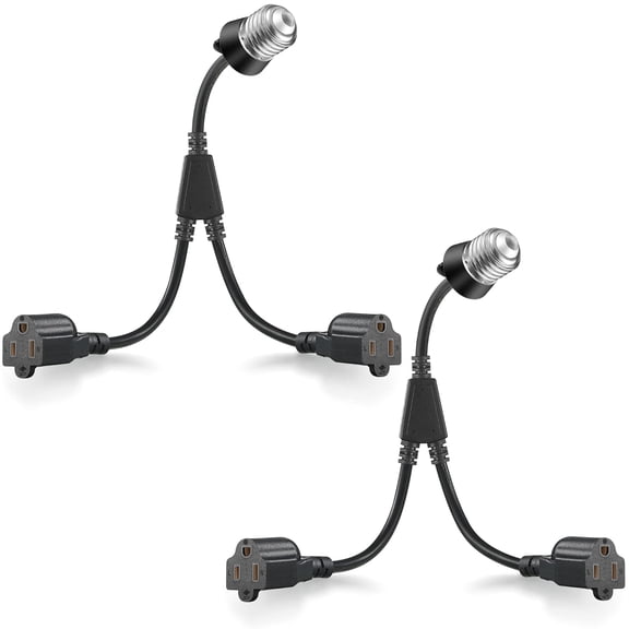2 Pcs 2 in 1 Light Socket to Plug Adapter, Convert E26/E27 Bulb Socket to 2 Pieces 3 Prong Outlet with Extension Cord, Flexible Light Bulb Socket Converter Suitable for Porch Patio Garage Use (Black)