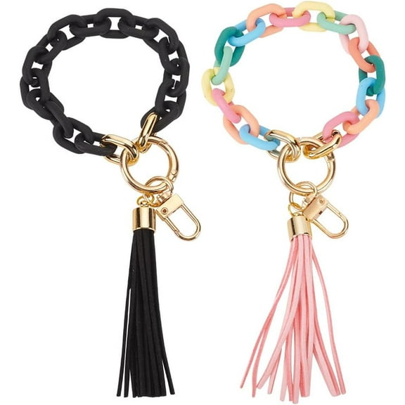 2 Pcs 2 Colors Acrylic Key Bracelets Chunky Chain Link Key Ring Leather Tassel Key Bracelets Car Keychain Holder Key Lanyard with Alloy Swivel Clasps for Phone Decoration colorful