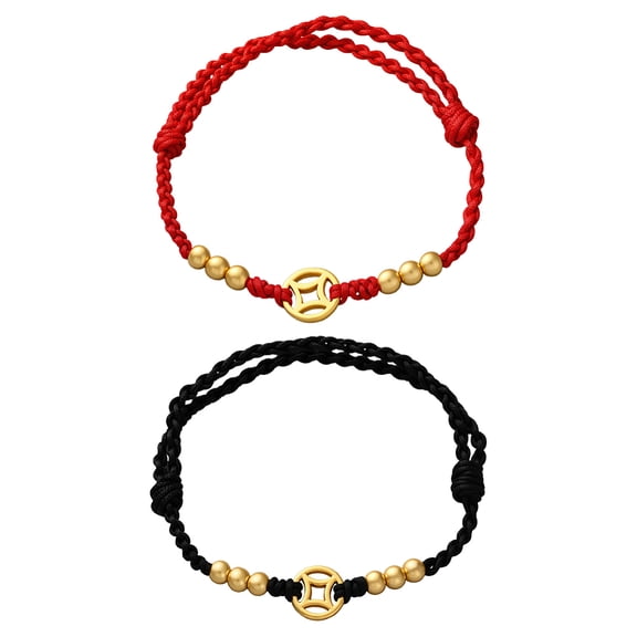 2 Pcs 2 Colors Chinese Style Red Rope Coin Bracelets Adjustable Hand String Hand-Woven Copper Lucky Bracelets Woven Bracelet