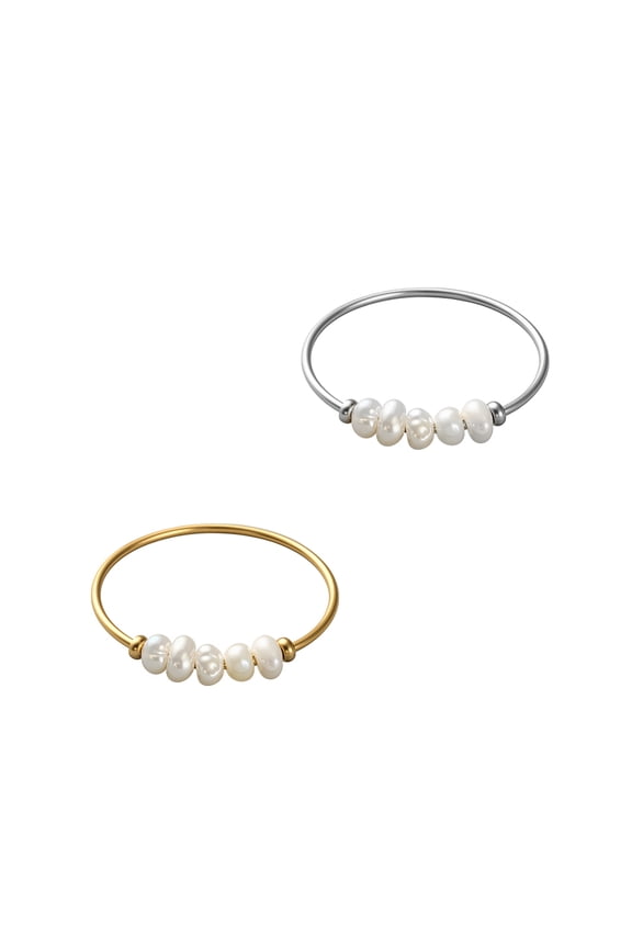 2 Pcs 2 Colors Freshwater Pearl Rings 18mm Dainty Stackable Rings Stainless Steel Beaded Ring Stacking Ring Cute Jewelry Gifts