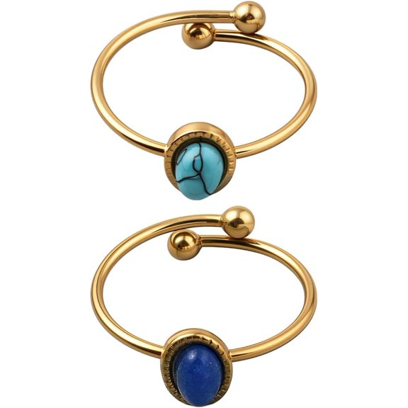 2 Pcs 2 Colors Gemstone Finger Rings 17.5mm Gold-Plated Adjustable Cuff Rings Stainless Steel Free Rings Dark Turquoise Dark Blue Ring Findings for Crafting Jewelry Making for DIY
