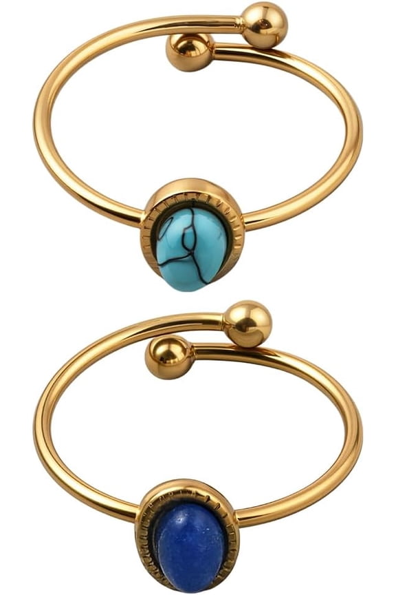 2 Pcs 2 Colors Gemstone Finger Rings 17.5mm Gold-Plated Adjustable Cuff Rings Stainless Steel Free Rings Dark Turquoise Dark Blue Ring Findings for Crafting Jewelry Making for DIY