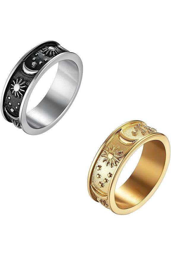 2 Pcs 2 Colors Moon Star Sun Statement Ring 17.5mm Stainless Steel Boho Jewelry Dainty Chunky Stackable Rings for DIY handcrafting