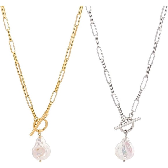 2 Pcs 2 Colors Pearl Beaded Pendant Necklace 44.7cm Golden OT Toggle Clasp Choker Stainless Steel OT Buckle Pearl Choker Necklace Wedding Jewery Gifts for Women 1box