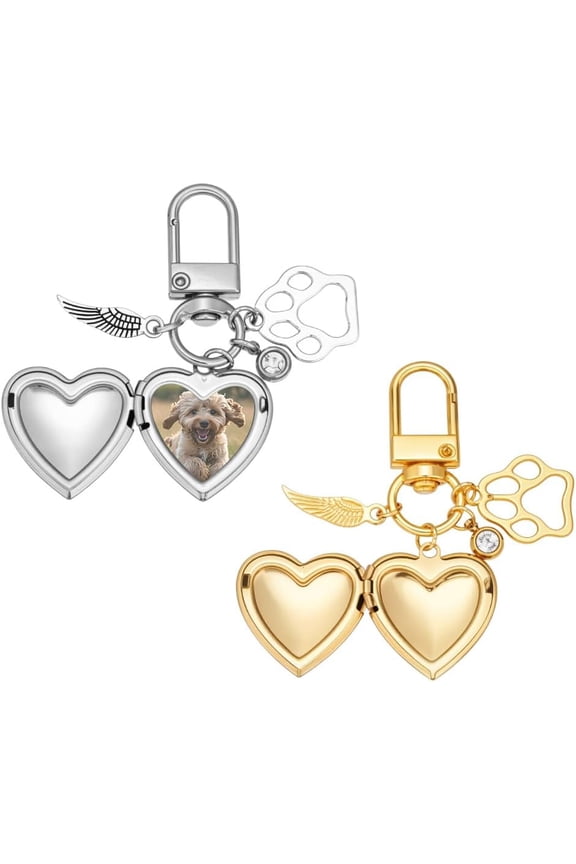 2 Pcs 2 Colors Pet Personalized Heart Keychain 2.32inch Pet Memorial Photo Pet Portrait Locket Keychain with Alloy Rings for Dog Cat Sympathy Gift