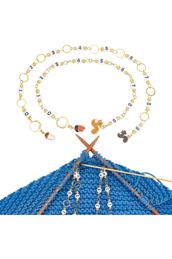 2 Pcs 2 Colors Squirrel Number Knitting Row Counter Chains Row Counting Accessories with Linking Ring and Enamel Acorn Pendants