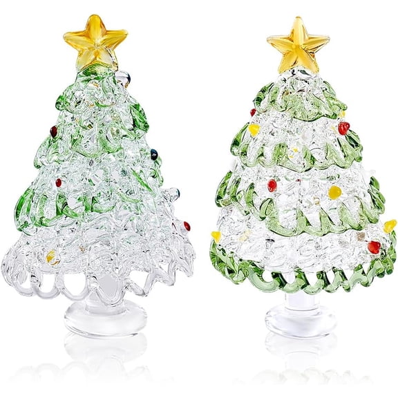 2 Pcs 2 Sizes Handmade Blown Glass Christmas Trees Figurine Miniature Green and Clear Trees Tabletop Ornaments Collectible Art Glass Statue for Holiday Decoration Sculpture Festival Gifts