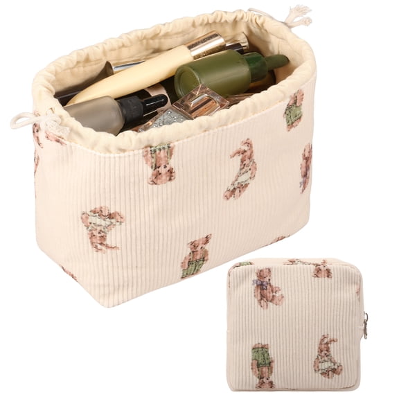 2 Pcs 2 Sizes Makeup Bag Set for Women 6.69*3.94*6.3in/5.12*5.12*1.97in Soft Corduroy Cosmetic Bag Set with Canvas Lining for Home Traveling Daily Trip