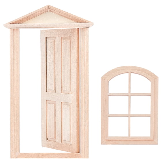 2 Pcs 2 Style Natural Wood Home Decorations Miniature Furniture Model for Dollhouse Accessories Pretending Prop Decorations Door & Window BurlyWood