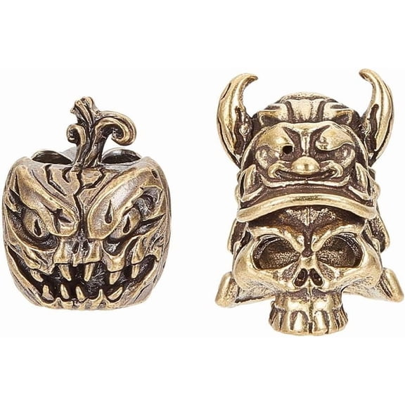 2 Pcs 2 Styles Evil Pumpkin Beads Brass Bronze Lanyard Beads EDC Charm Large Hole Bead