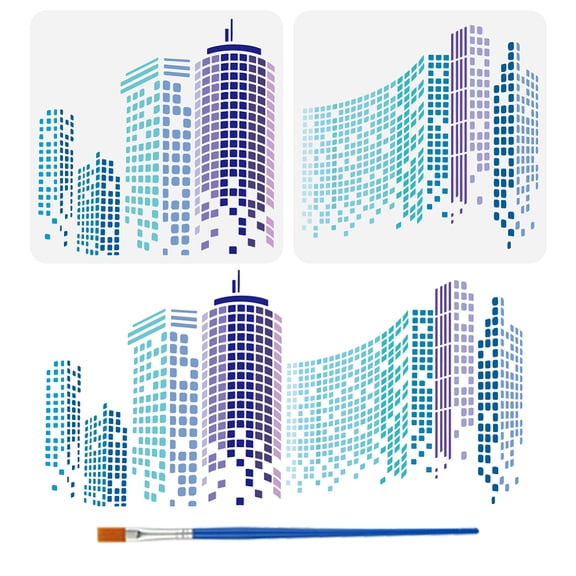 2 Pcs 2 Styles Large Modern Buildings City Painting Template with Brush 11.8x11.8inch Skyscraper Cityscape Painting Template Architectural Themes