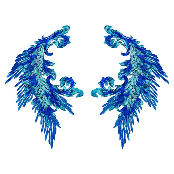 2 Pcs 2 Styles Phoenix Tail Embroidery Patch 15x3.7inch Symmetrical Polyester Lace Embroidery Applique with Glitter Sequins Blue