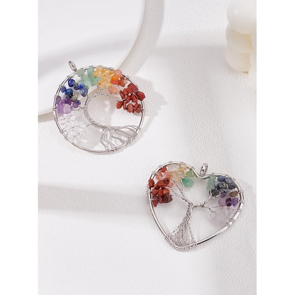 2 Pcs 2 Styles Tree of Life Big Pendants Tree of Life Wire Wrapped Link Chain Pendant Reiki Natural Stone Gemstone Beads Charms for Jewelry Making DIY Crafts