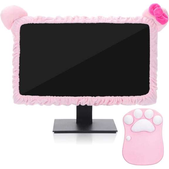 2 Pcs 20''-29'' Kawaii Pink Computer Monitor Cover with Cat Paw Mouse Pad, Cat Ear Design Monitor Dust Cover Protector Cute Pink Mouse Mat Computer Accessories Lcd Screen Decoration for Tablet