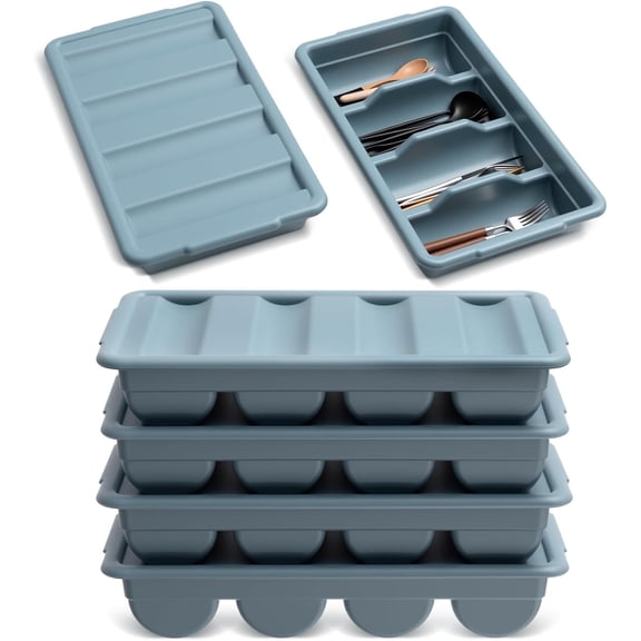 2 Pcs 20.5 x 11.9 x 3.7 Inch Silverware Organizer with Lid, Commercial 4-compartment Restaurant Kitchen Cutlery Tray, Plastic Silverware Storage Container, Condiments Holder (Grayish Blue)