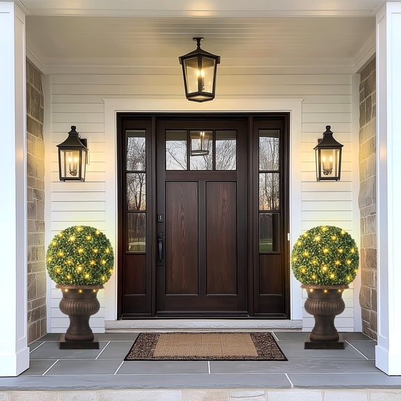 2 Pcs 20” Artificial Plant Topiary Ball with Light, All-Year Green Faux Boxwood Decorative Balls for Backyard, Balcony,Garden, Wedding and Home Décor,Red Urn Base