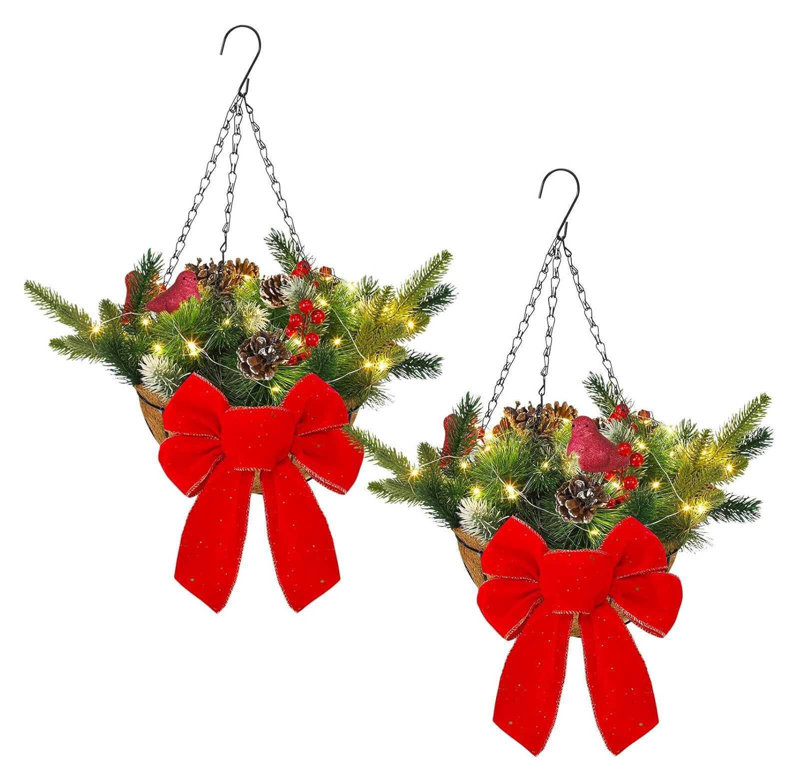 2 Pcs 20 Inch Pre Lit Artificial Hanging Basket with LED String Lights