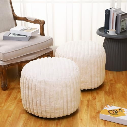 2 Pcs 20 x 15 Inch Unstuffed Pouf Cover Ottoman Foot Rest - No Filler, Faux Rabbit Fur Foot Stool Floor Bean Bag Floor Chair Storage for Living Room Bedroom Home Decor(Beige)