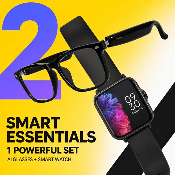 2Pcs 2026 AI Smart Glasses & Watch Set, 160+ Languages Translation, OpenEar Audio, Wireless Calls, LightAdaptive Lenses, Touch Watch for Notifications, Music & Sports, Holiday Gift