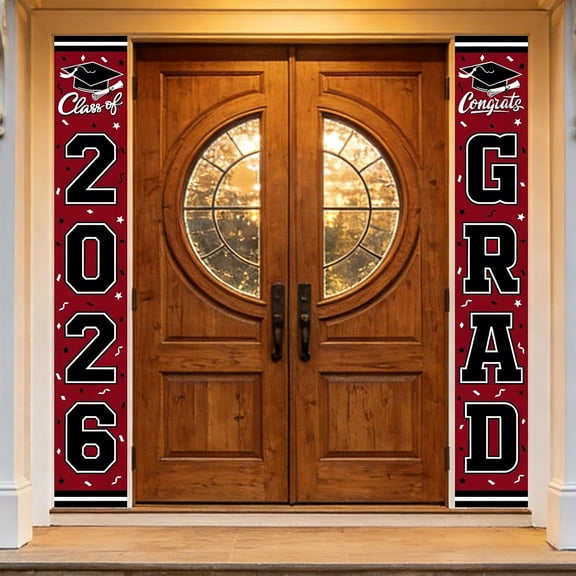 2 Pcs 2026 Graduation Porch Banners, 71x12in Red Congrats Grad Door Decorations Hanging Signs for Class of 22026 Graduation Party Decorations