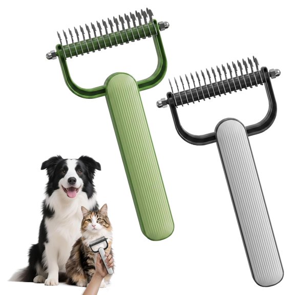 2 Pcs 2026 New Double-Sided Dematting Comb for Dogs & Cats, Pet Grooming Tool for Long Haired Thick Double Coat Pets, Undercoat Rake Deshedding Brush for Tangles Matted Shedding Fur