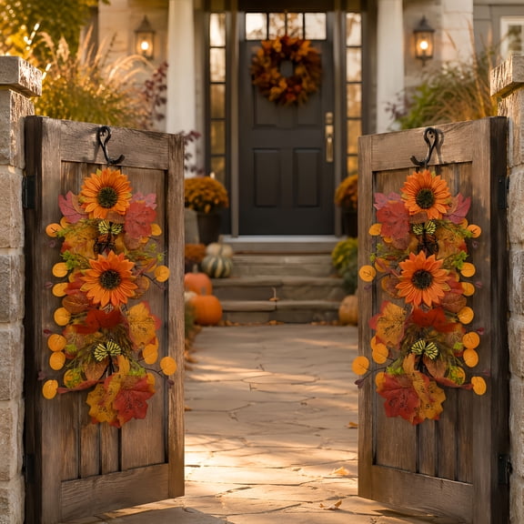2 Pcs 22.05 Inch Autumn Harvest Sunflower Teardrop Hanging Bouquet, Artificial Fall Door Swag with OrangeRed Maple Leaves, Butterflies and Berries, Front Door Porch Entrance Wall Hanging Decor