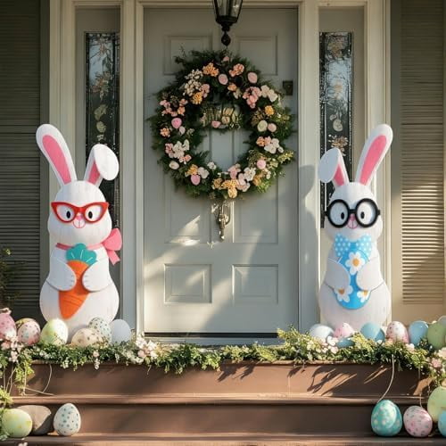 2 Pcs 22" H Easter Couple Bunny Porch Decor Outdoor Large Easter Wooden Bunny Standing Porch Sign Rustic Farmhouse Rabbit Decor with Glasses Carrot Egg for Front Door Indoor Outdoor Yard