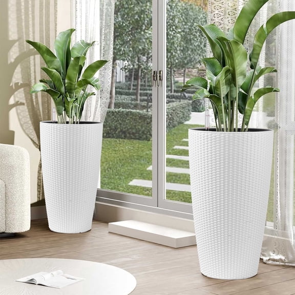 Easmvetaln 2 Pcs 22 Inch Tall Faux Rattan Planters for Outdoor Plants, Large Self-Watering Flower Pots with Water Level Monitor, Indoor Outdoor Plant Pots for Patio Porch, White