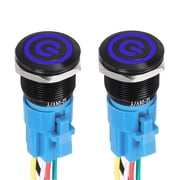 2 Pcs 22mm Push Button Switch, IP66 1NO1NC 12-24V 3A Momentary Latching Push Button Starter Light on Off Switch Self-locking with Blue Light Switch, Aluminum Alloy Flat Head Black