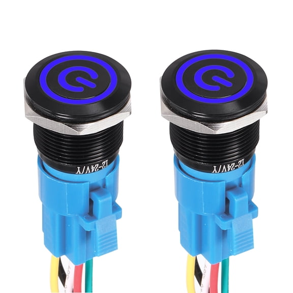 2 Pcs 22mm Push Button Switch, IP66 1NO1NC 12-24V 3A Momentary Latching Push Button Starter Light on Off Switch Self-locking with Blue Light Switch, Aluminum Alloy Flat Head Black
