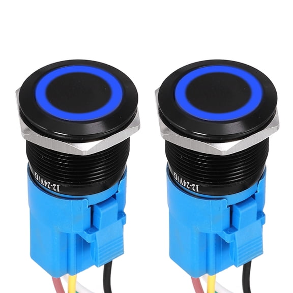 2 Pcs 22mm Push Button Switch, IP66 1NO1NC 12-24V 3A Momentary Latching Push Button Starter Light on Off Switch Self-locking with Blue Light round, Aluminum Alloy Flat Head Black