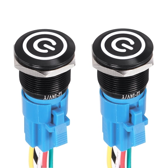 2 Pcs 22mm Push Button Switch, IP66 1NO1NC 12-24V 3A Momentary Latching Push Button Starter Light on Off Switch Self-locking with White Light Switch, Aluminum Alloy Flat Head Black