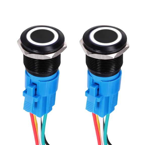 2 Pcs 22mm Push Button Switch, IP66 1NO1NC 12-24V 3A Momentary Latching Push Button Starter Light on Off Switch Self-locking with White Light round, Aluminum Alloy Flat Head Black