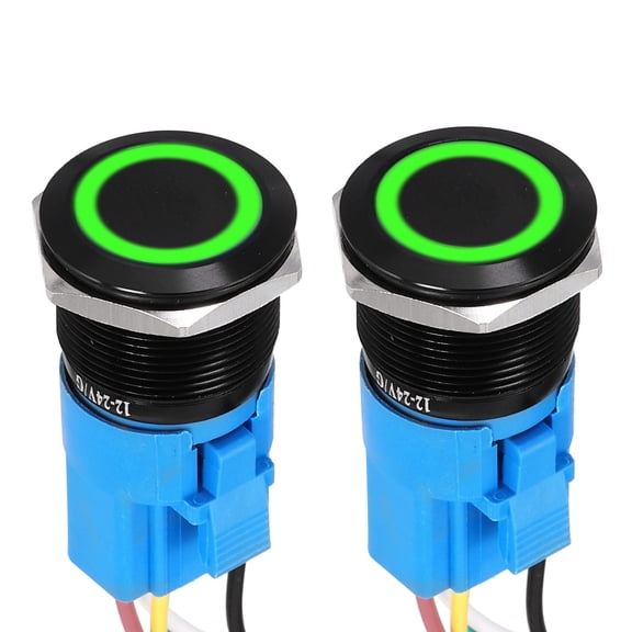 2 Pcs 22mm Push Button Switch, IP66 1NO1NC 12-24V 3A Momentary Latching Push Button Starter Light on Off Switch Self-locking with green round, Aluminum Alloy Flat Head Black