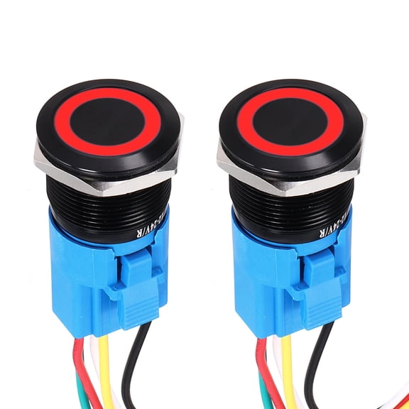 2 Pcs 22mm Push Button Switch, IP66 1NO1NC 12-24V 3A Momentary Latching Push Button Starter Light on Off Switch Self-reset with Red Light round, Aluminum Alloy Flat Head Black