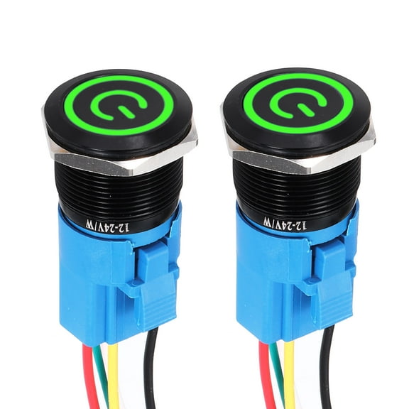 2 Pcs 22mm Push Button Switch, IP66 1NO1NC 12-24V 3A Momentary Latching Push Button Starter Light on Off Switch Self-reset with green Switch, Aluminum Alloy Flat Head Black