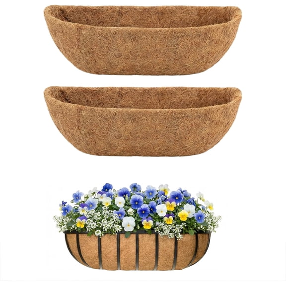 2 Pcs 24 Inch Trough Coco Liner for Window Box, 100% Natural Half Moon Coconut Coir Planter, Replaceable Coconut Fiber Liner for Window Boxes & Fence Flower Baskets (2, 24 inch)