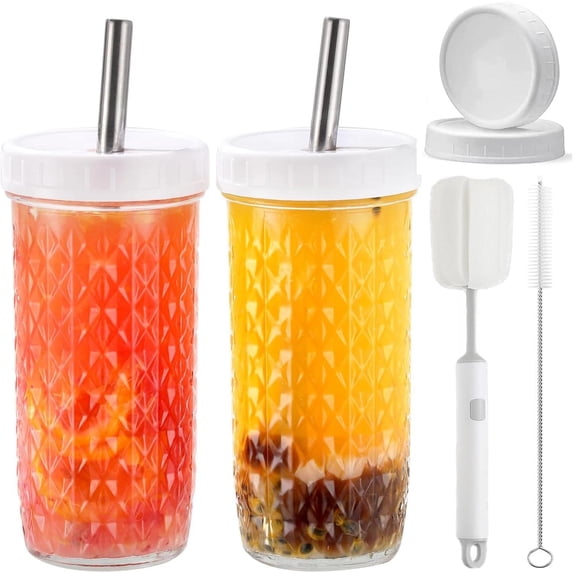 2 Pcs 24Oz Glass Cups Set, Mason Jar Drinking Glasses with Lids and Straws & 2 A