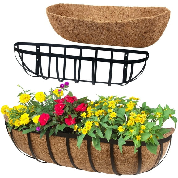 2 Pcs 24inch Window Box Deck Railing Planter with Coco Liner for Outdoor Balcony Porch Fence Patio Rail