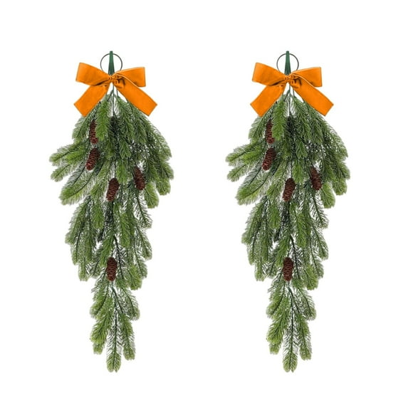 2 Pcs 27.6" Artificial Christmas Teardrop Swag Decorations, Faux Pine Needles Teardrop Door Swag, Christmas Norfolk Greenery Teardrop Wreath for Xmas Door Table Mantle Fireplace Indoor Outdoor Decor