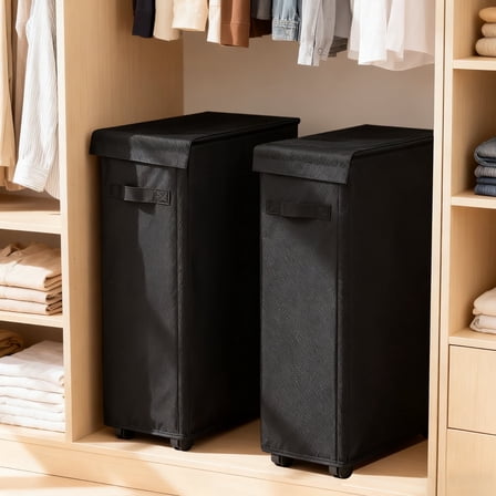 UNTIMATY 2 Pcs 28'' Slim Laundry Hamper with Lid Laundry Basket with Wheels Rolling Laundry Hamper Collapsible Laundry Basket Oxford,65L/17.17 US gal,Black