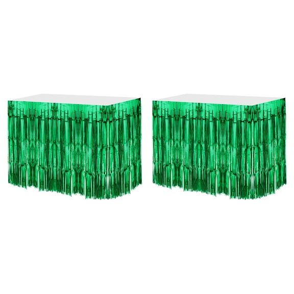 2 Pcs 29x108 Inch Green Metallic Foil Fringe Tinsel Table Skirts
