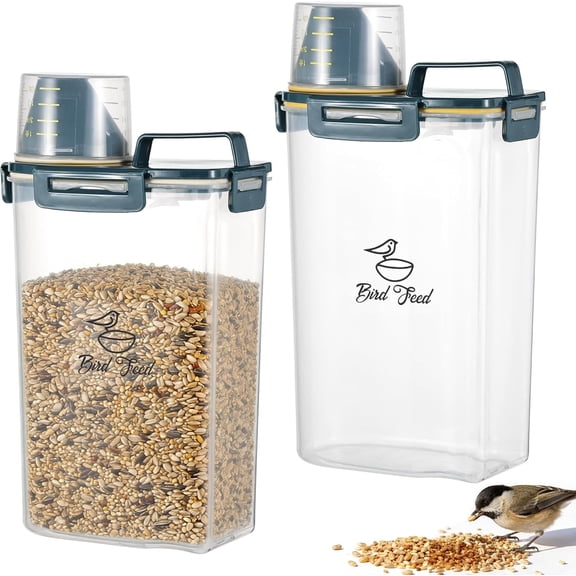 2 Pcs 3.17 Qt/3 L Bird Seed Storage Container Airtight- Portable Bird Food Container with Airtight Measuring Cup, Clear Pet Parrot Seed Dispenser for Birds Food Chicken Feed Storage, Blue Lid