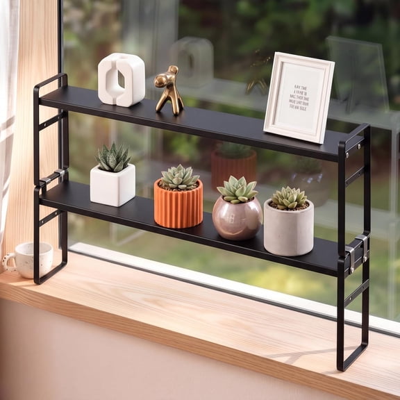 2 Pcs 3.5" W Expandable Window Sill Plant Shelf, 13.7" to 23.6" L, Supports up to 30 lbs, Stackable & Adjustable Height Metal Shelf for over Sink, Kitchen - Flowers, Succulents (Black)