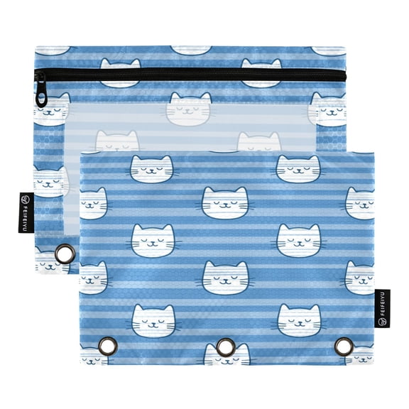 2 Pack 3 Ring Binder Pouch with Clear PVC Window Water Resistant Zipper Pencil Pouch Cartoon Cat Face Pattern Binder Pocket for Classroom Office Home Stationery Organization