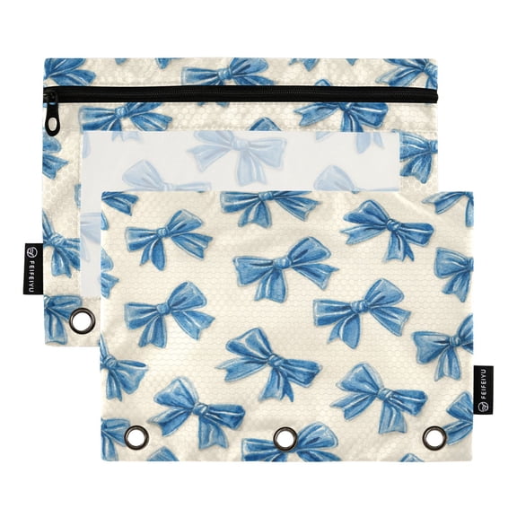 2 Pack 3 Ring Binder Pouch with Clear PVC Window Water Resistant Zipper Pencil Pouch Classic Blue Bow Pattern Binder Pocket for Classroom Office Home Stationery Organization